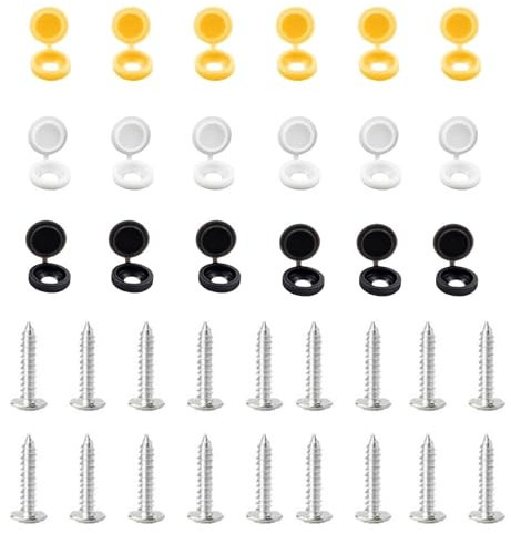 36 Pcs 304 Stainless Steel car number plate screws and caps, License Plate Screw Caps Car License Plate Fixing Devices,number plate screws and caps,Black, White and Yellow (6 Each Color)