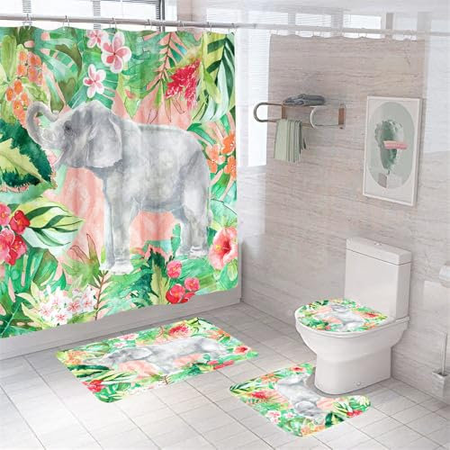 Badezimmerteppich Grünes Blatt Elefant Badteppich rutschfest Waschbar Badgarnitur 4 Teilig – Badematte Set Mit Wc-Vorleger Und Badematte,Teppich Badezimmer Für Sicherheit Und Komfort Im Bad 45X75Cm