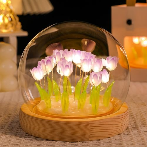 AWSOLAR Violett Tulpen Lampe, Blume Lampe, Tulpen Geschenk Für Geburtstage, Valentinstag, Muttertag, Weihnachten