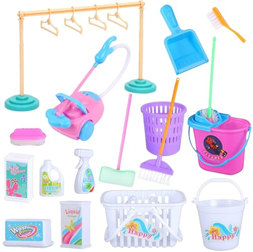 Mini Outils de Nettoyage pour Maison de Poupée Meubles Miniatures, 21 PCS Accessoires de Lutin Miniature Kit Menage Jouet avec Mini Séchoir à Linge, Accessoires Miniatures pour Maison de Poupée 1/12