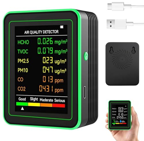 6-In-1 Air Quality Monitor, CO2 Monitor Detector, Air Pollution Monitors, Portable CO2 Detector Sensor, With LED Display, Carbon Dioxide Detector with HCHO, TVOC, PM2.5, Temperature, Humidity