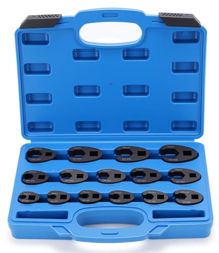 Yosoo Health Gear Juego de 15 llaves de pata de gallo Llaves Combinadas Crowfoot de 1/2' y 3/8' CR-MO-Acero，Herramientas Métricas de 8 a 24 mm de Pie Caja,Llave Para Tuercas Abocinadas