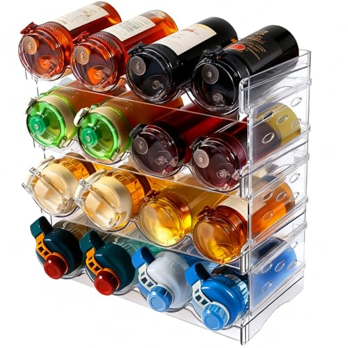 qjuwhua Flaschenregal Kühlschrank Stapelbarer 4 Tier 16 Flaschen Organizer Schrank Weinregal Weinflaschenhalter Kunststoff Flaschenhalter Küche Flaschenaufbewahrung für Schrank Küchenarbeitsplatte