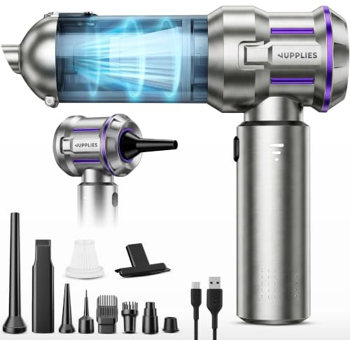 JUPPLIES Aspirador de Mano Inalámbrico Potente, 25000 PA, 3 Intensidades | 4 en 1: Succión, Soplado, Inflado, Vacío | 9 Accesorios, Motor Sin Escobillas | Mini Aspiradora Hogar Coche (Gris)