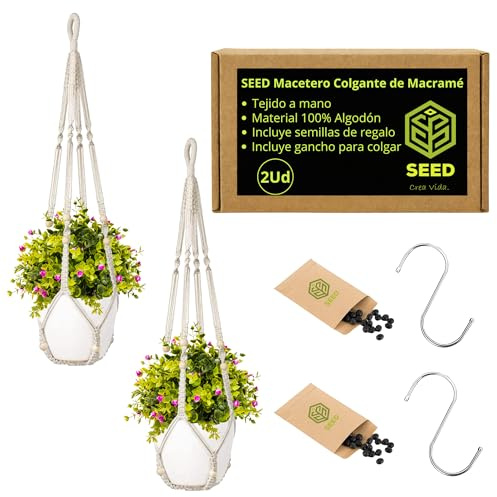 SEED Macetero Colgante de Macramé 100% Algodón – Hecho a Mano con Gancho Metálico – Ahorra Espacio y Decora con Estilo Boho – Ideal para Interiores y Pequeños Espacios – Con Semillas de Regalo (2 Uds)