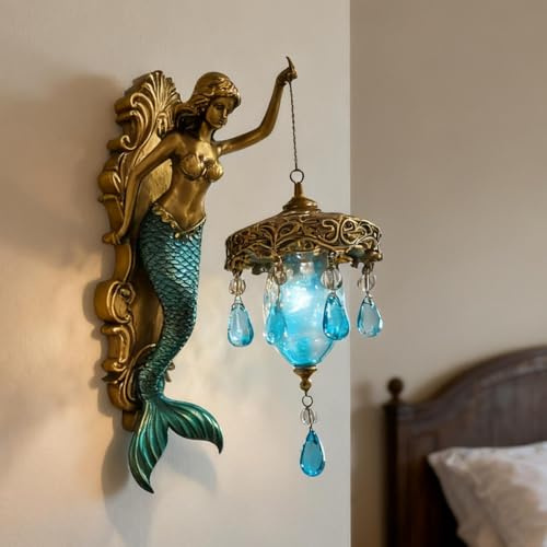 Wall Lantern, Battery Operated in Vintage Style, Mermaid Wall Lamp with Lantern - for Home, Bedroom, Living Room, Bathroom, Gallery, Hallway, Villa by The Sea (19cm/7.5in)
