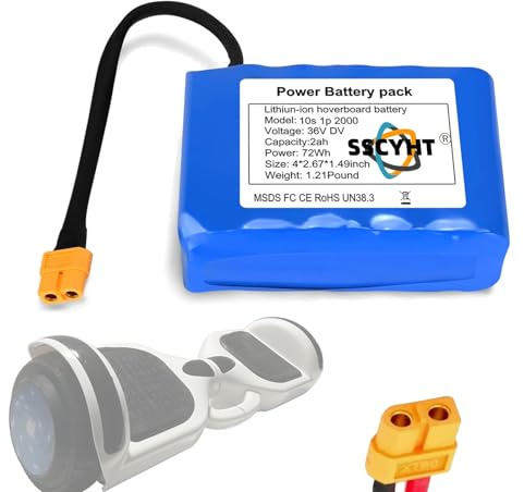 SSCYHT 36V 2Ah/2000mAh Ersatz-Lithium-Akku (10S1P) für Hoverboards (36 Volt) mit XT60-Stecker, geeignet für 0-72Wh Balance-Cars, Einräder und Scooter.