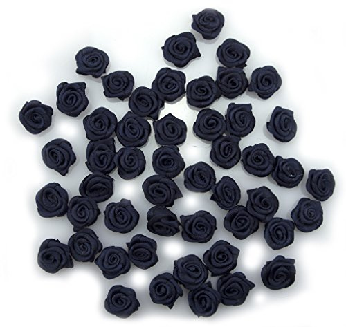 HAND Made Small Ribbon Rose Flower Sew On Trims 15 mm, Embellishments Pack of 50 Midnight Blue