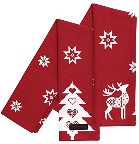 Ragged Rose Tea Towels for Kitchen - 50 cm x 70 cm Pair of Kitchen Cloths for Drying Dishes, Wiping Countertops, & Handling Pots - Machine Washable & Durable - Red Christmas Star, Pack of 2