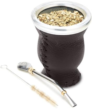 balibetov Mate (Mate Becher) Glas, mit Leder überzogen - mit Bombilla (Sorbet) für Yerba Mate Trink (BRAUN)