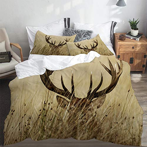 LASINSU Bedding Bettwäsche,Weißwedelhirsch schmeicheln Sich im Wildnis Hirsch im Landschafts ländlichen Jagd Thema EIN，Bettwäsche 220x240cm mit Kopfkissenbezug 2（50x80cm）