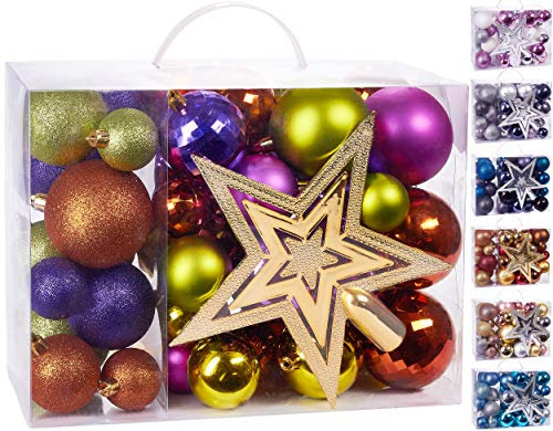 BRUBAKER 50-teiliges Set Weihnachtskugeln mit Baumspitze - Christbaumschmuck aus Kunststoff Bunt in Lila Grün Orange