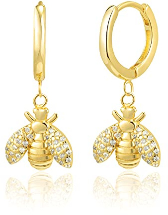 Brandlinger ® Ohrringe Silber 925 hängend. Creolen mit Anhänger Biene mit Zirkonia Stein. Schmuck Damen vergoldet mit 18 Karat (Silber und Gold) für Frauen und Mädchen. Ø Creolen 12,5mm. (Gold)