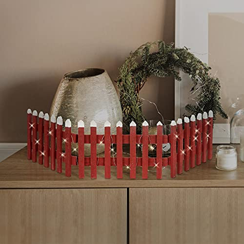 ECD Germany Deko Holz Zaun mit LED in Rot, 90x21 cm, batteriebetrieben, mit Timer, Mini Gartenzaun beleuchtet, Mini-Lattenzaun, Weihnachtsbaum-Zaun, Weinachtsdeko, Winter Gatter, Minigarten Dekoration