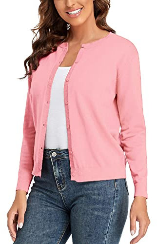 CUNYI Gilet Femme, Chandail Tricot avec Boutons pour Femme, Pull Veste Cardigan Col Rond Manches Longues Classique, Rose L