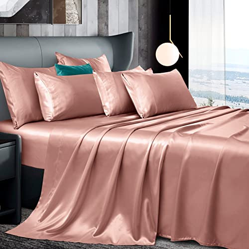 Manyshofu 7Pcs Rose Gold Satin Sheets King Size Set, Luxurious & Soft Satin Bedding - 1 Fitted Sheet, 1 Flat Sheet, 4 Pillowcases + 1 Body Pillowcase