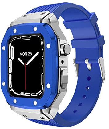 Enze - Custodia in acciaio INOX compatibile con Apple Watch Series 7 45 mm 6/5/4 iWatch SE 44 mm Custodia protettiva resistente agli urti in metallo con cinturino sportivo in morbido silicone