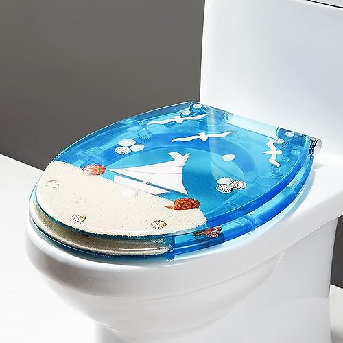WC Sitz Muschel-Motiv, Robuste Metall-Scharniere, Universale O-Form, Polyresin Toilettendeckel, Ovaler Komfort Toilettensitz, Klodeckel, Klobrille, Oval,1