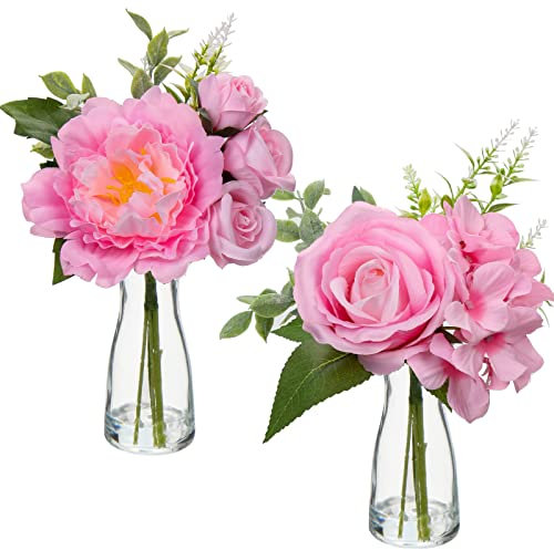 Hollyone 2pcs Artificial Flowers with Glass Vase, Realistic Roses Peonies Hydrangeas Mixed, Pink Fake Flowers in Vase with Faux Water for Wedding Centerpiece Home Decor Office Party Desk Decorations