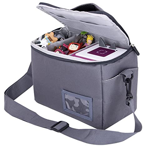 Tasche Kindergepäck viel Platz für Toniebox Figuren Tigerbox Transport Folie Hörfiguren Musikboxen Musikwürfel Ladegerät Kopfhörer Tigercard ideal für Tonie Starterset (Grau Polyester)