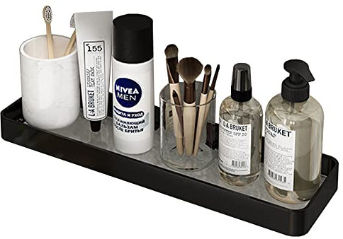 Biutimarden Mensola Doccia Senza Foratura Mensola da Bagno in Vetro Temperato Autoadesivo Ruggine Montaggio a Parete Vetro Rettangolare Mensole per Bagno Cucina Accessori Bagno 40CM Nero