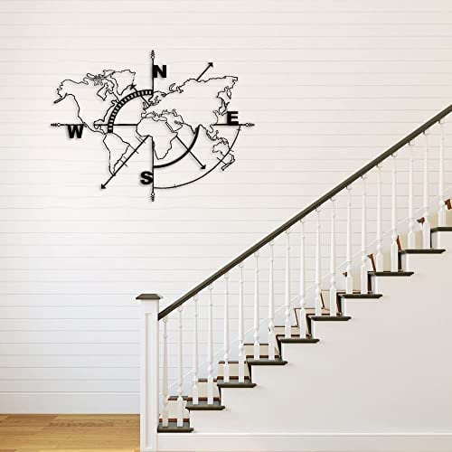 JILIP Wandkunst Weltkarte Aus Metall, Kompass Hängende Silhouette Wandschild, Schwarze Wohnkultur Plakette, Outdoor Indoor Home Office Wanddekoration (Size : 23.6IN/60cm)