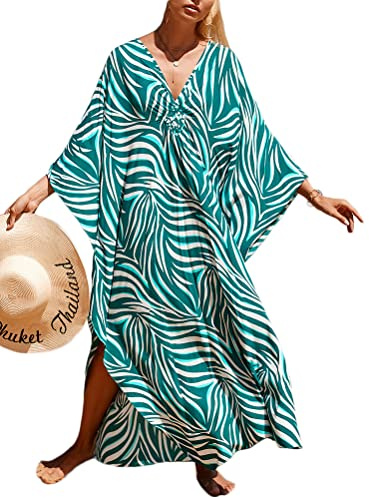 seiveini Robe de Plage Femme Longue Tunique Caftan Grande Taille Kaftan Boho Maxi Robe Fluide Impression de Fleur Robe Eté Bikini Cover Up pour Femme Élegante Chic