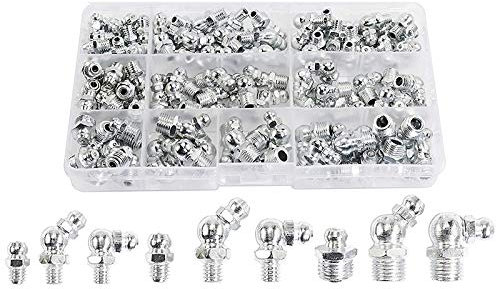 Duendhd 115 Stück Zerk Fett Nippel Fittings Sortiment Kit, gerade, 90 Grad, 45 Grad abgewinkelt (M6, M8, M10)
