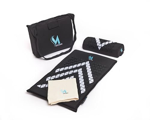 MARTneck® Akupressurmatte (Schwarz) - Das ORIGINAL von MARTneck -Natur Set Kokosfaser mit Kissen, Tuch und Tasche - Akupressurmatte zur Massage und Entspannung von Rücken und HWS