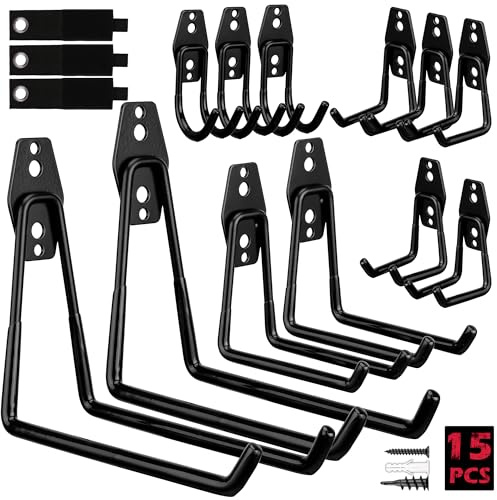 Garage Tool Storage Wall Hook Assortment Set: 15PCS Heavy Duty Large Hanger Garden Tool Organizer Ladder Bike Rack Yard Tool Holder Shed Shovel Metal Screw Organization Bicycle Steel Bracket