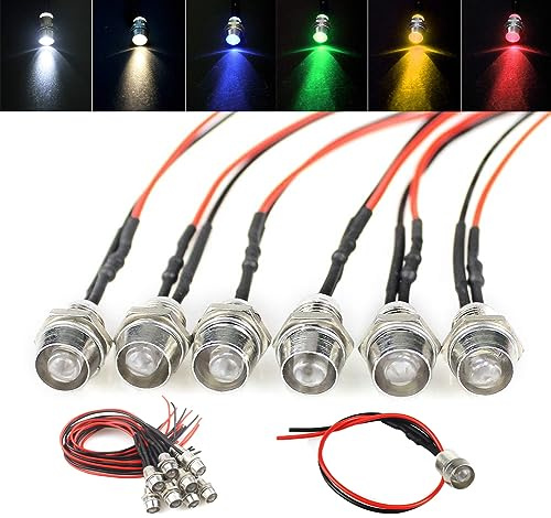 zalati LED Anzeigen Licht 18pcs 8mm LED Signal Lampen Kits mit Kabel Metall Kopf Abdeckung 5V-12V für Autos, Boote 6 Farben