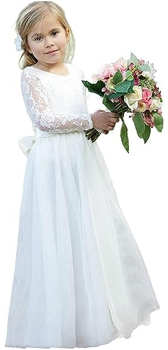 PLWEDDING Abito da ragazza di fiore in pizzo fantasia per le ragazze di nozze A Line Prima Comunione Abiti, bianco, 12-13 Anni