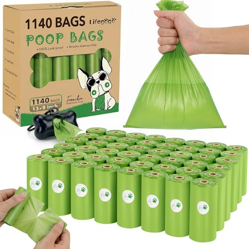 Lifegogo Large Dog Poo Bags 1140 Counts - Easy Tear and Hands Stay Clean | Dog Poop Bags 13 x 9 in - Extra Thick Odor Control Barrier Prevents Messy Spills for Daily Dog Walkers Cleanup (Green)