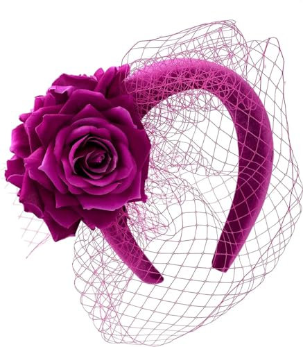 Niiyyjj Elegante Fascinators Stirnband Tee Party Hüte Frauen Hochzeit Schleier Blume Haarschmuck Haarband, Daker Fuchsia, Einheitsgröße