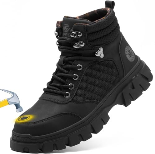 Waterproof Steel Toe Boots For Men-6 Inch Comfortable Mens Safety Work Boots Indestructible Steel Toe Shoes Lightweight Non Slip Puncture Resistant Industrial Construction Boot,Black,Size 9 men