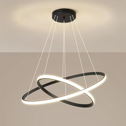 Mengjay Moderner 38W LED Kronleuchter, Kreativer 2 Ring Hängelampe Mit Höhenverstellbare Pendelleuchte, Dimmbar 3000K/4500K/6000K, Wohnzimmer Leuchter, Schlafzimmer, Esszimmer Pendelleuchte (Schwarz)
