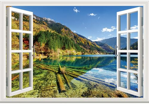 Adesivo da parete finto per finestra, paesaggio naturale, montagne, lago, foresta, finto murale per la decorazione della casa, facile da attaccare e staccare, decalcomanie per finestre per soggiorno,
