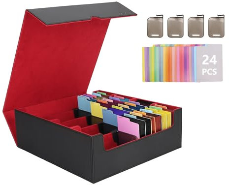 Venssu Card Storage Box, 3000+ Capacity, 1600 Game-cards, 4-count, Magnetic Closure, Dustproof, Waterproof, Faux Leather, Rectangular, 12.1 x 11.5 x 4.3 inches, Black and Red