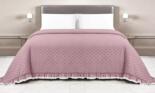 Tex family COPRILETTO Trapuntato con Volant in Tinta Unita Matrimoniale Rosa/Panna