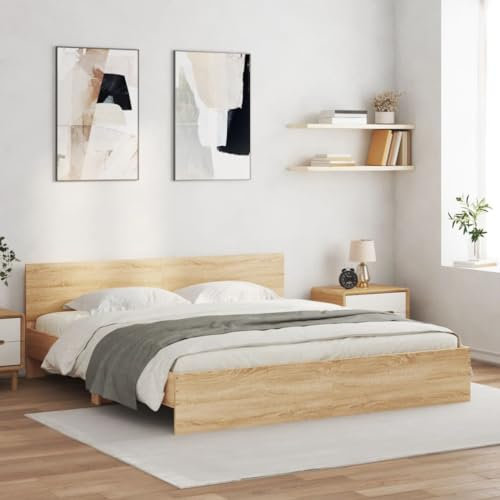 Faroom Holzbett Futonbett Bett 180x200 cm#2 mit Lattenrost & Kopfteil, Bettrahmen Holzwerkstoff Einzelbett Doppelbett Bettgestell Sonoma-Eiche