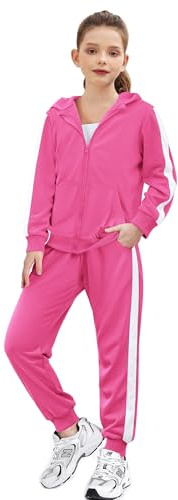 Zaclotre Teen Girl Clothes 2 Piece Outfit Sweatsuit Long Sleeve Zip Up Hoodie and Pants Girls Jogger Sets Rose Pink 13-14 Years