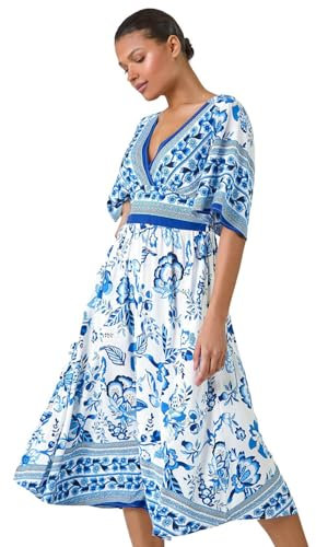 Roman Originals Women Shirred Waist Dress Ladies Spring Everyday Summer Holiday V-Neckline Comfy 3/4 Sleeve Soft Tassle Detail Frock Vacation Gowns Chiffon Maxi Midi Wrap - Blue Blanc - Size 12