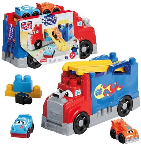 MEGA BLOKS-Bausteine Bausteinset für Kleinkinder, Fast Tracks Rennwagen-Transporter mit 19 Teilen, 2 Rennautos und Aufbewahrung, rot, ab 1 Jahr, JFR29