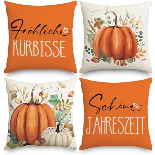 Herbst Kissenbezug 50 x 50,Kürbisse Herbst Kissenbezüge 4er Set,Kissenbezug 50x50 Herbst,Kissenbezüge Herbst Outdoor für Bauernhaus Thanksgiving Halloween Bettwäsche Wohnzimmer Herbst Dekoration