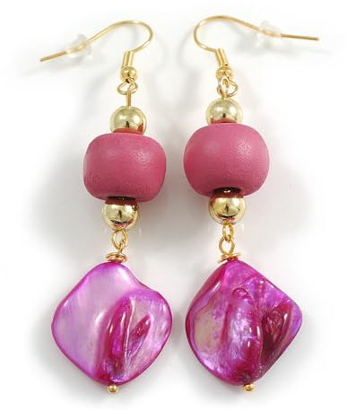 Pendientes de gota de madera rosa y concha fucsia en tono dorado, 70 mm de largo, talla única, Madera concha de mar madera
