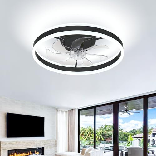 FRIXCHUR LED Ceiling Fan with Lights and Remote, Modern Dimmable Bladeless Ceiling Fans 20 Bedroom Flush Mount Chandelier Fan Lights for Living Room Kitchen (Black)