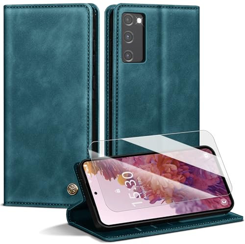 Handyhülle für Samsung Galaxy S20 FE 5G Hülle,Premium Lederhülle für Samsung S20 FE 5G [Mit 1 Stück Panzer Schutz Glas] Magnet Kartenfach Klapphülle Schutzhülle für Galaxy S20 FE,BlauGrün