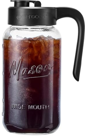 Spreccio Mason Jar Pitcher - Airtight & Leakproof Glass Pitcher with Lid, Perfect for Breastmilk, Cold Brew, and Sun Tea, 2 Quart (64 oz) Mason Jar with Pour Spout Lid