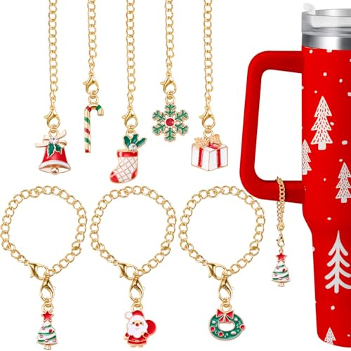 8 Set Tumbler Charms Christmas Themed Cup Charms Accessories Wreath Bells Santa Christmas Tree Candy Bar Handle Charm for Mugs Cup Compatible with 20 30 40 oz Tumblers