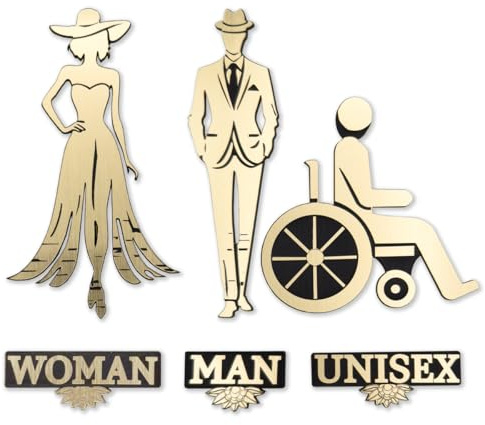 Accessori bagno adesivi murali - Set completo: targhe fuoriporta per bagno WC in laminato plastico color oro, 3 pezzi - Uomo, Donna, Disabile ideali per Bagni Pubblici Uffici Negozi Ristoranti e Hotel